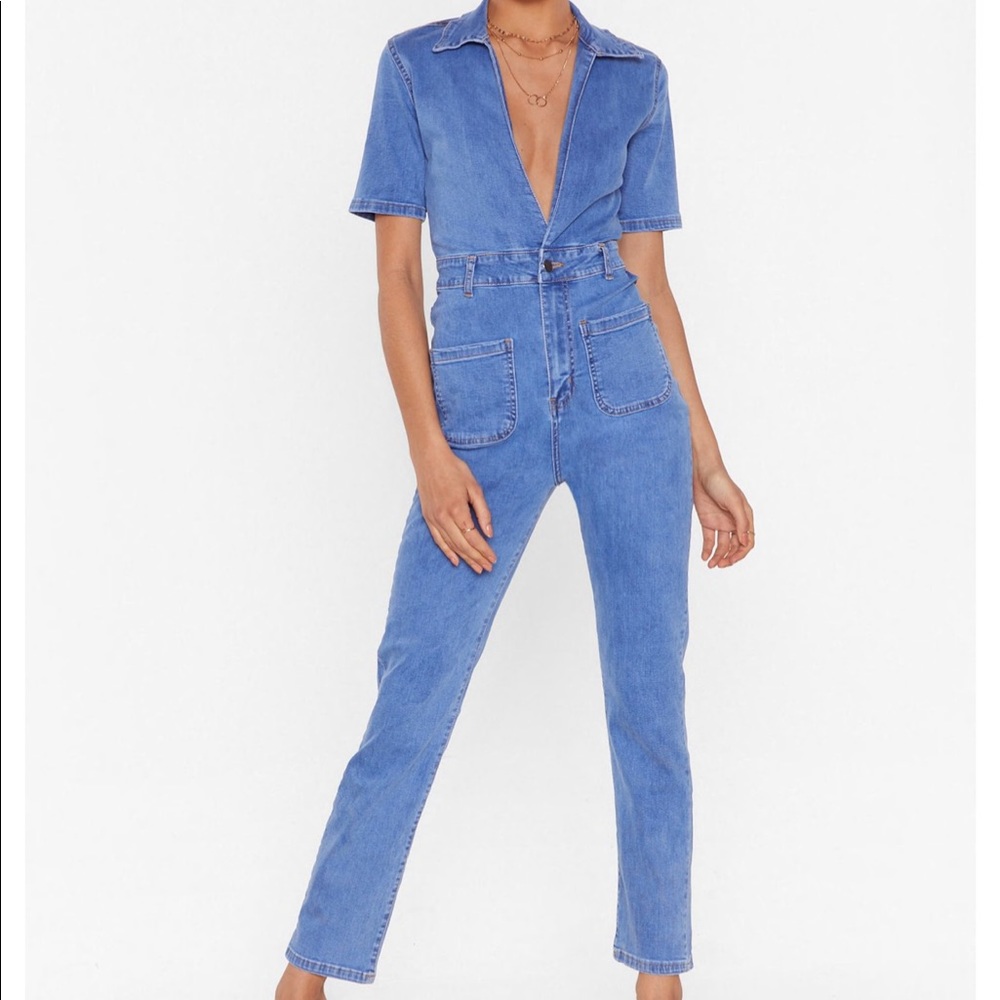 Nasty Gal Plunging Denim Boilersuit Jumpsuit US 4